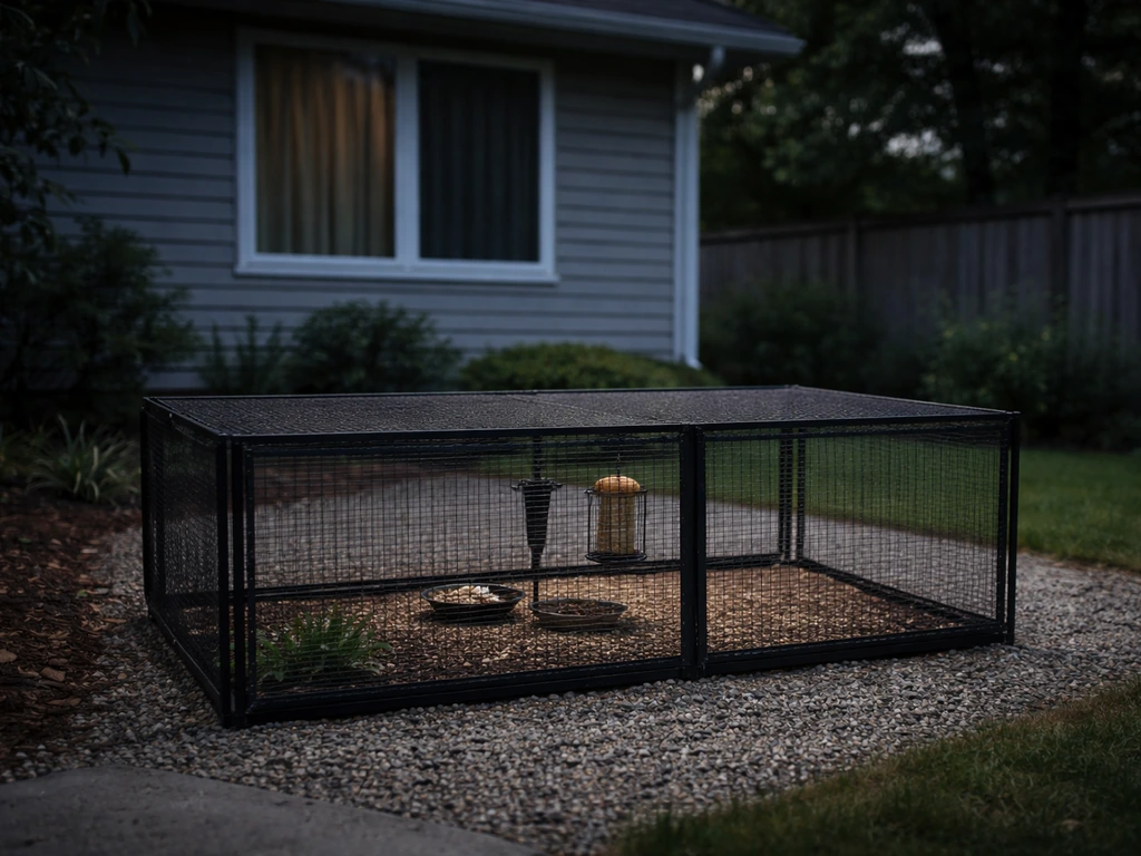 Cat-proof mesh barrier near a bird area beside a dark, unlit window with curtains drawn.