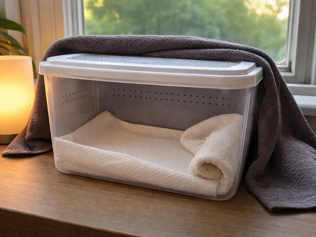 Minimal wildlife-safe container with paper towels and warm dim light prepared for an injured bird.