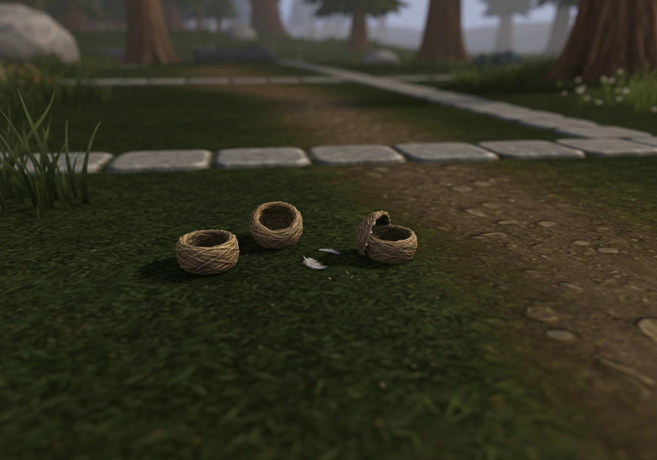 Fantasy bird nest items on grass in a muted medieval setting, ready to be opened for rewards.