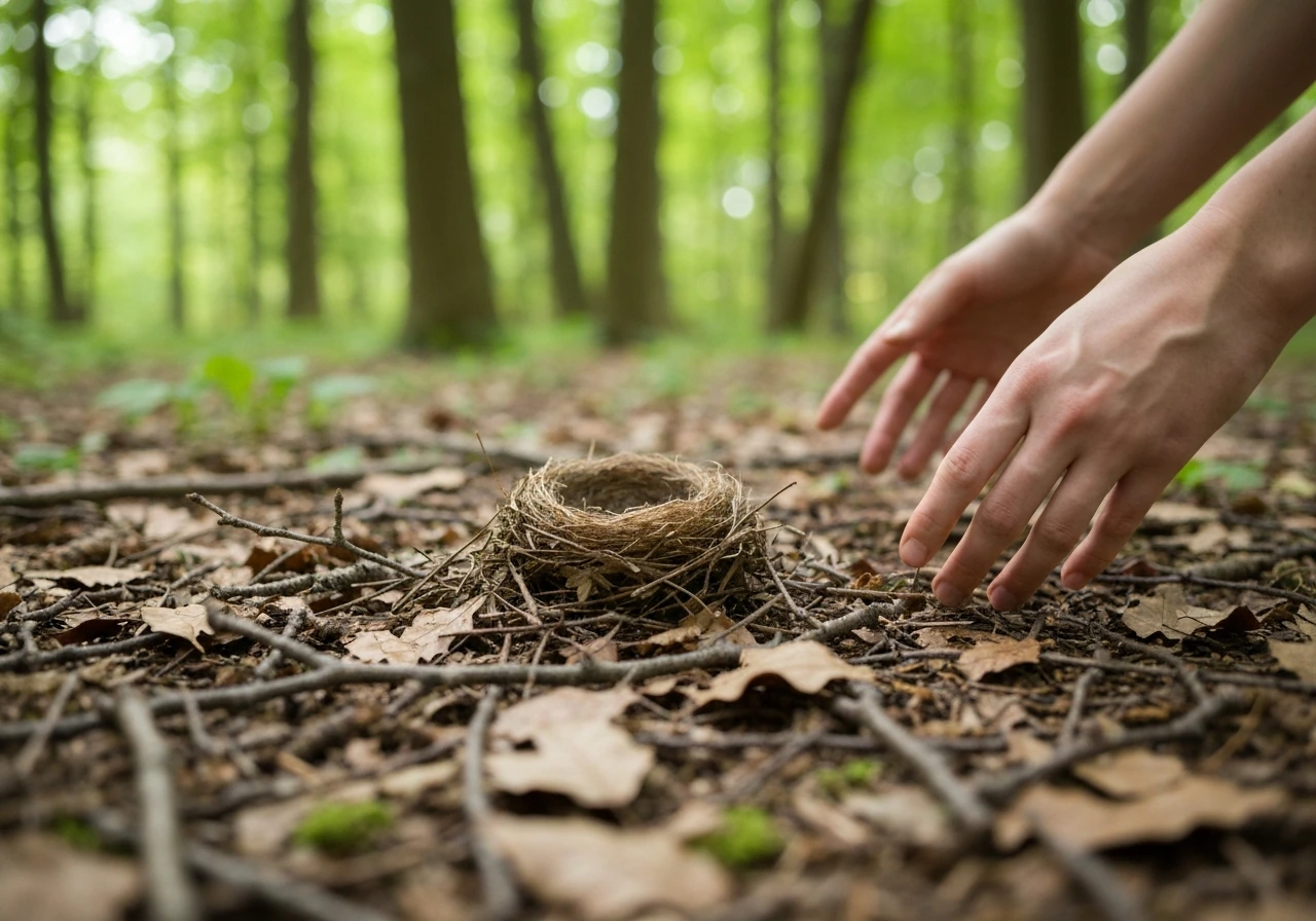 Woodcutting in a forest: a bird nest on the ground, then being picked up into a hand
