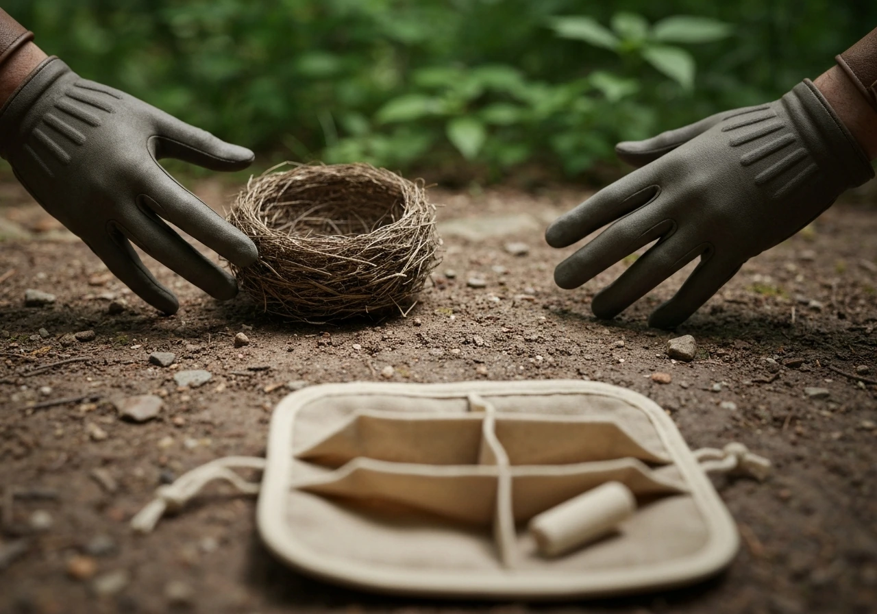 Close-up of a dropped bird nest on the ground beside an open inventory-style pouch, showing quick pickup