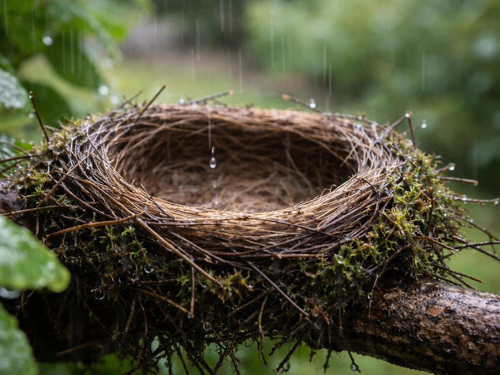 Close view of a bird nest in light rain, droplets beading on the outside while the interior stays sheltered.