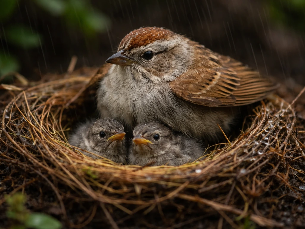 Damp bird nest with chicks sheltered by an adult bird during light rain, wet twigs and raindrops visible.
