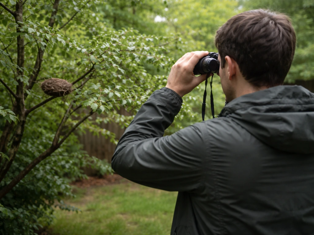 Person in a yard quietly watches a small bird nest from a distance with binoculars