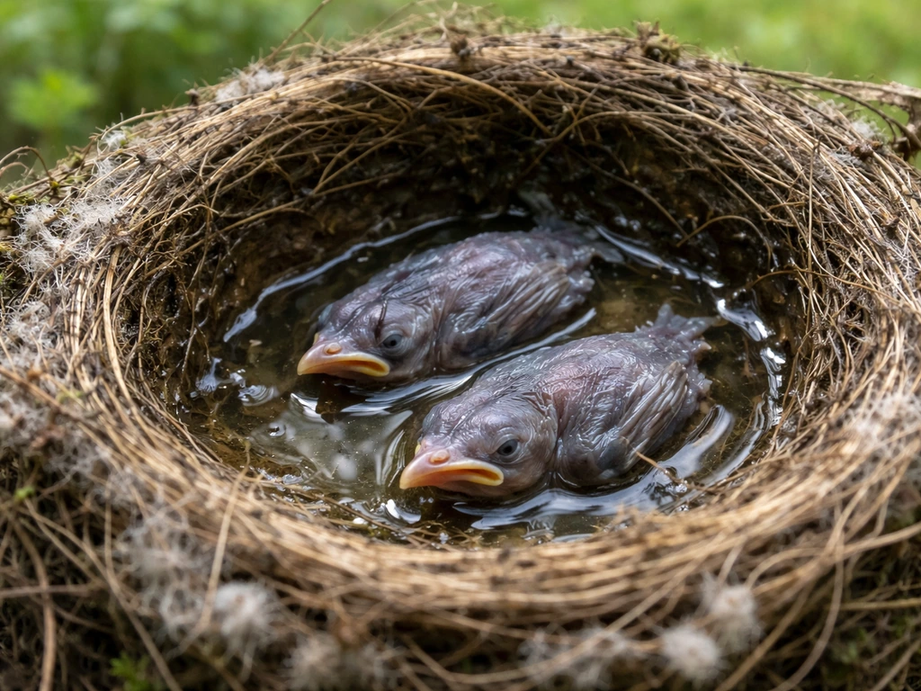 Leathargic baby birds in a nest with visible standing water pooled inside the nest cup.
