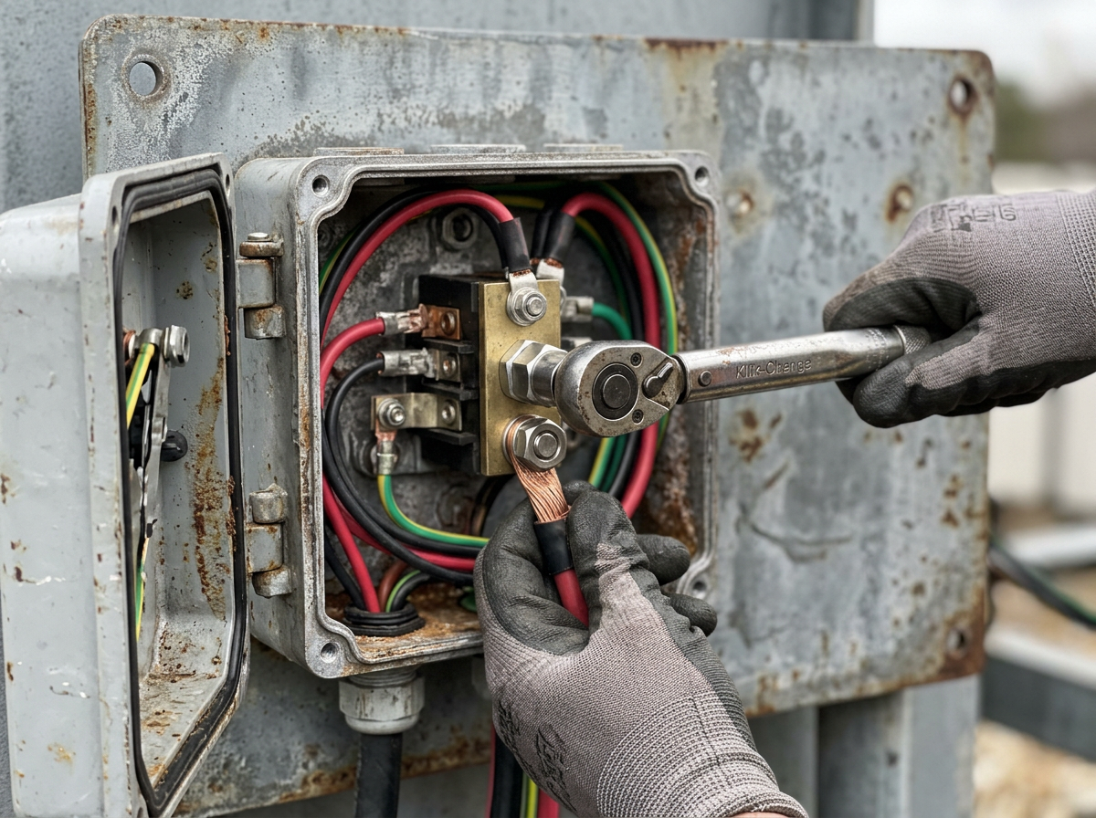 Using a torque wrench to tighten an electrical terminal connection on outdoor electrode hardware