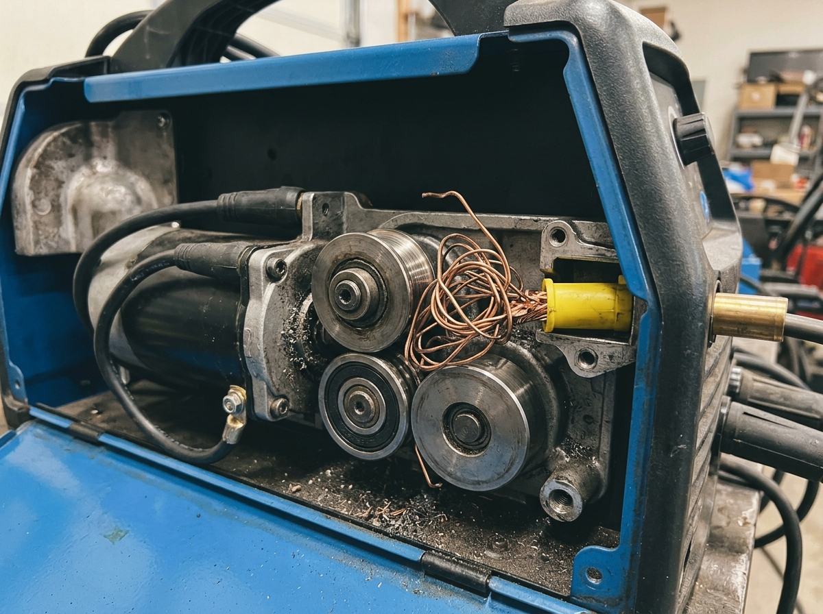 Wire loops and tangles between drive roll and liner at an electrode wire-feed setup