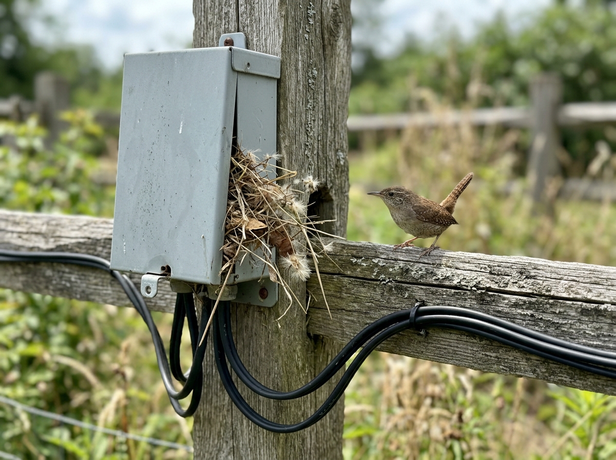 Bird nesting activity: small bird on/near an outdoor electrode housing and nesting material in crevices