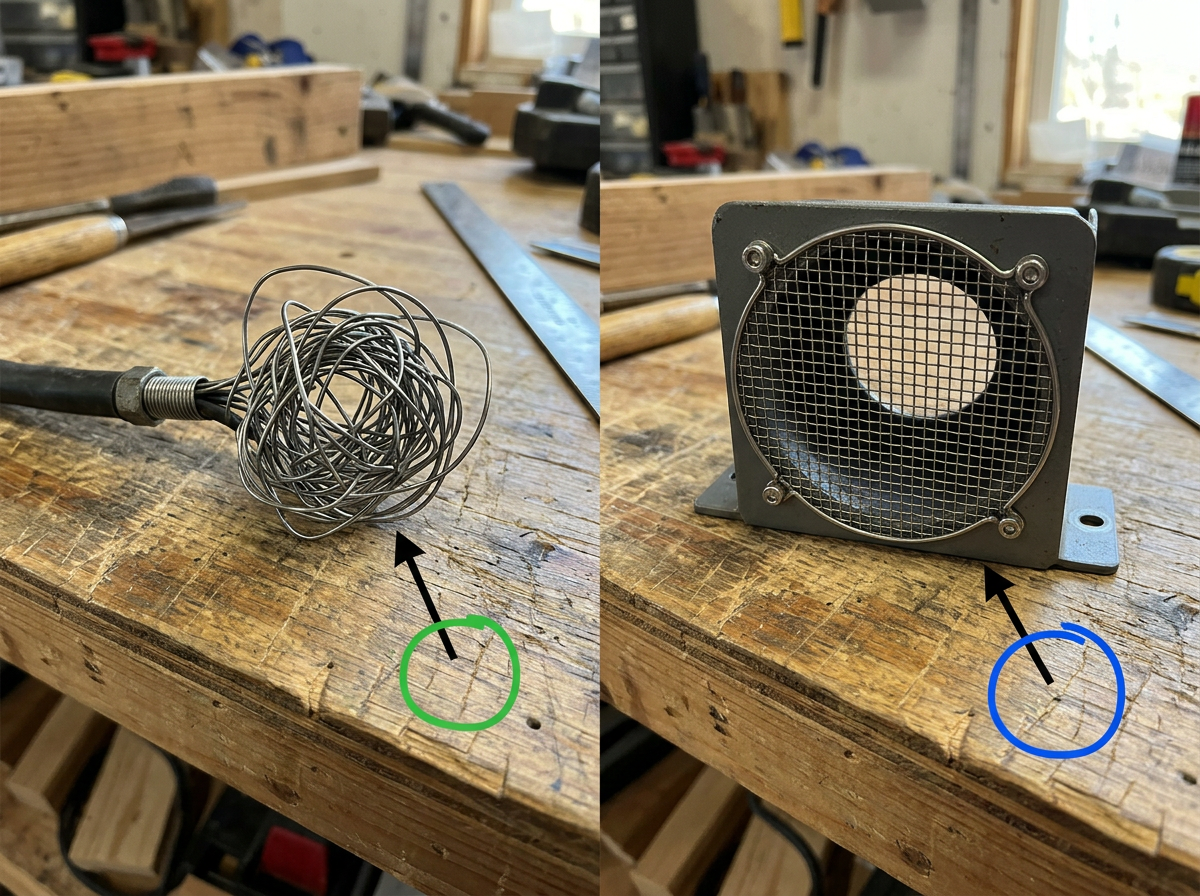Comparison table-style scene using two physical examples: one side tangled wire nest-like tangle, other side exclusion h