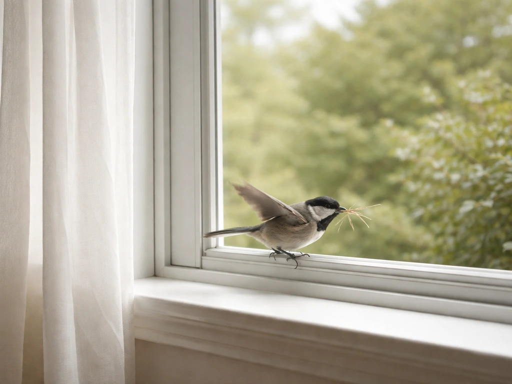 Small bird at an open window carrying a single twig or grass tuft toward a nearby nesting spot.