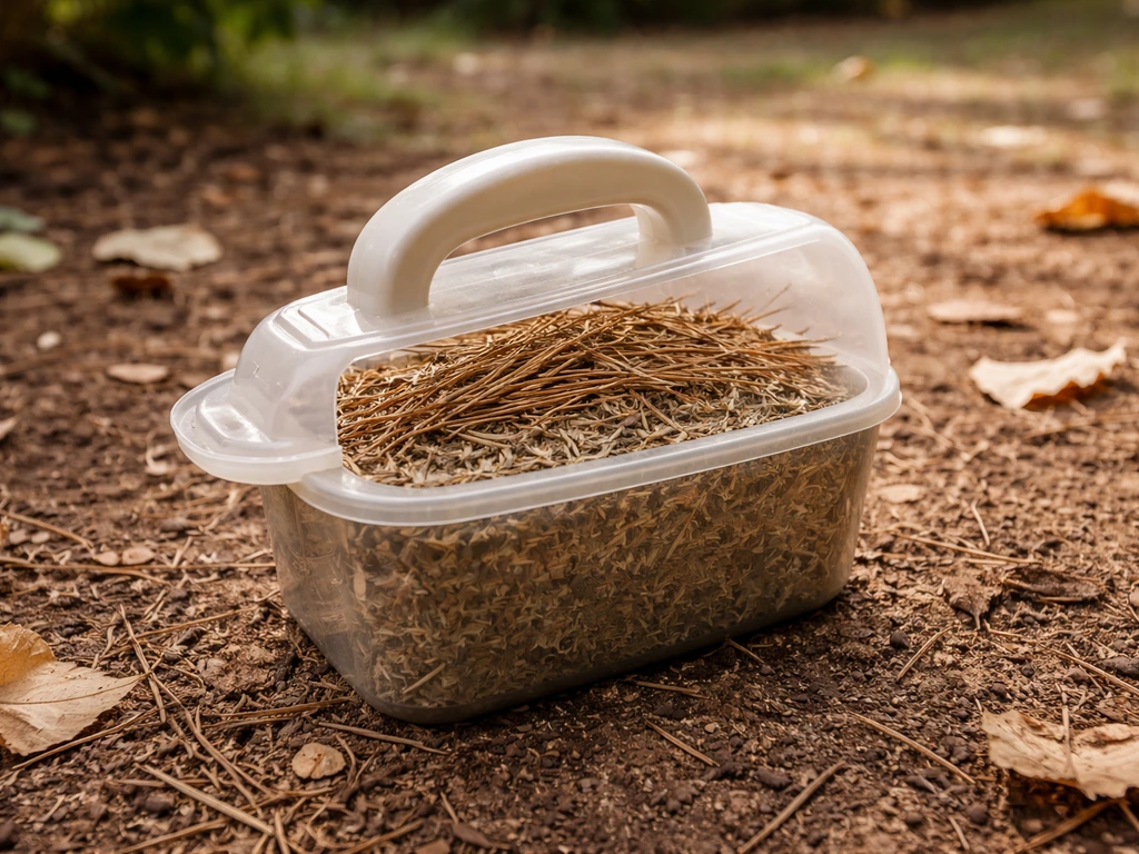 Small yard dispenser holding short dry grass pieces and pine needles for safe bird nesting