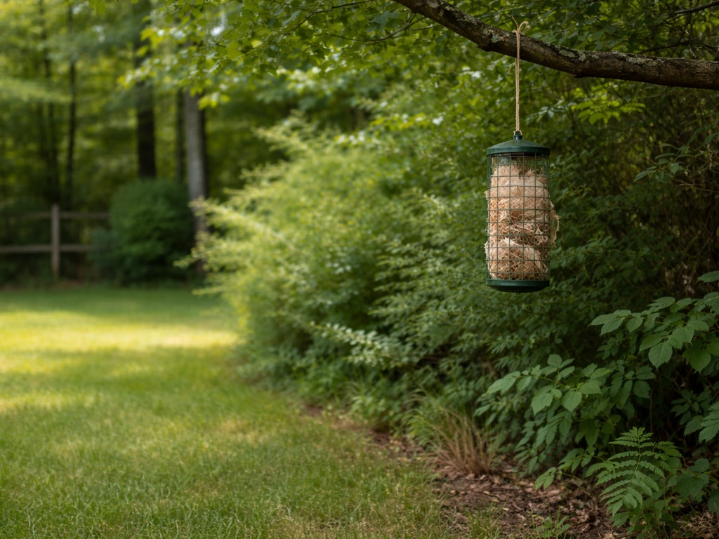 Hanging nesting material dispenser at proper height beside shrubs, with open lawn farther away for shelter.