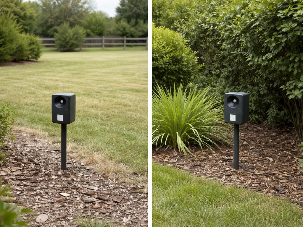 Two-panel yard photo: bird repellent dispenser exposed on the left, moved closer to cover on the right.