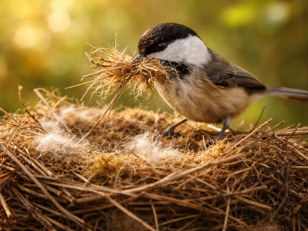 Close-up of a small bird bringing nest materials and arranging them in a nest outdoors.