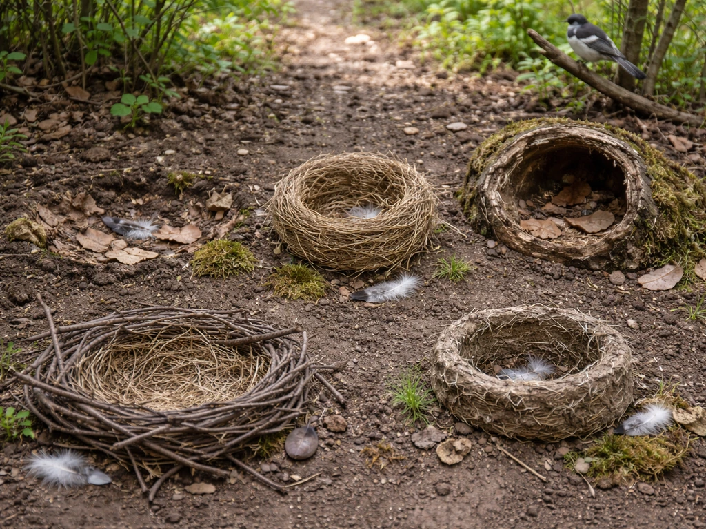 Five common bird nest types shown in a natural setting with grasses, twigs, and mud materials.