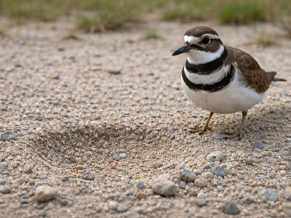 Ground-level view of a killdeer-like bird beside a shallow scrape nest depression in gravel.