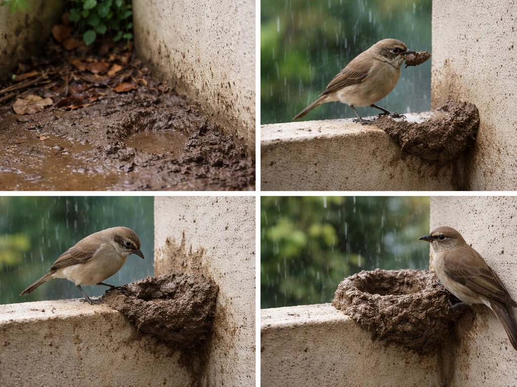 Four-frame panel of a small bird building a mud nest on a wall through rain, from spot choice to completion.