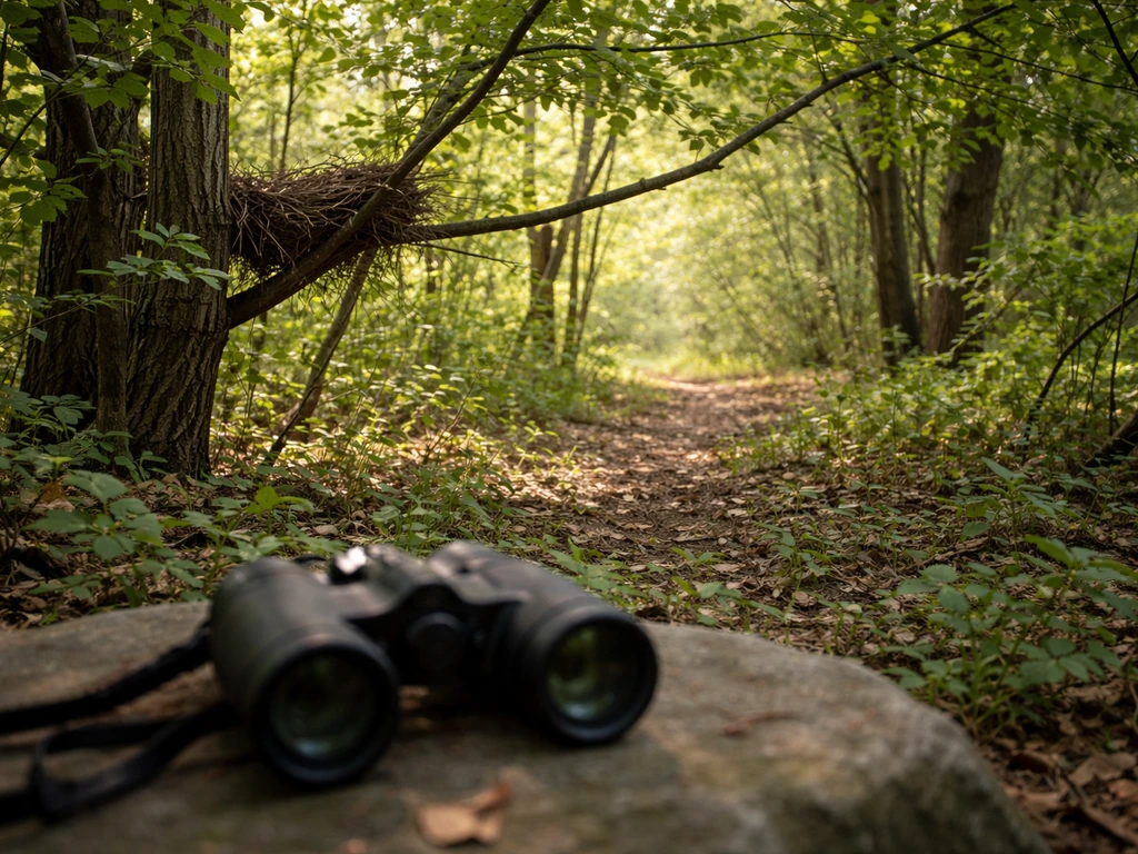 Binoculars on a rock in a quiet forest, with a distant bird nest area visible through leaves.