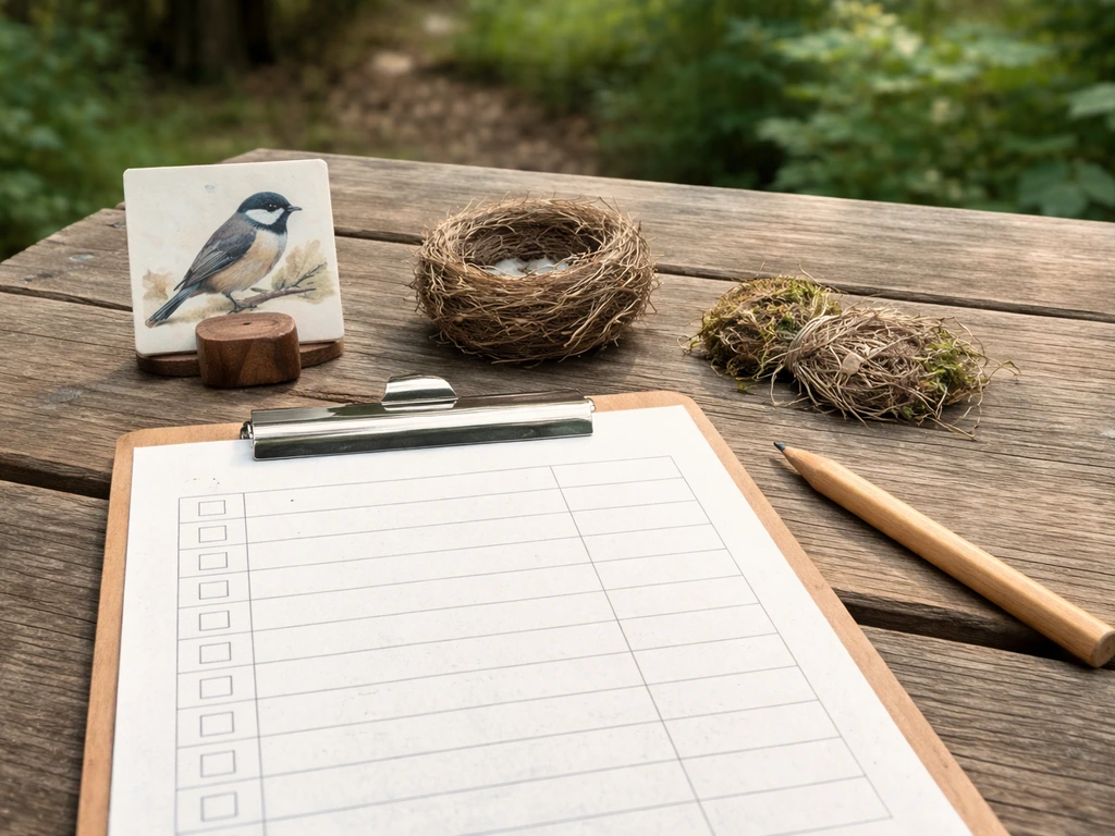 Checklist on a wooden table with small bird-ID cue objects for species, nest type, and nesting material
