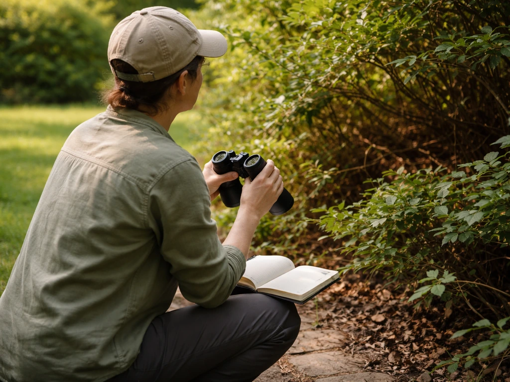 Person in a backyard quietly scanning shrubs with binoculars for bird activity