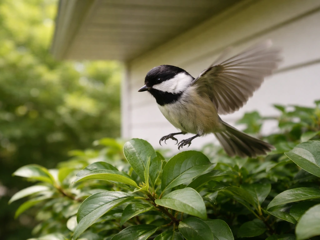 Small bird returning to a quiet shrub nest area, captured mid-approach in natural daylight.