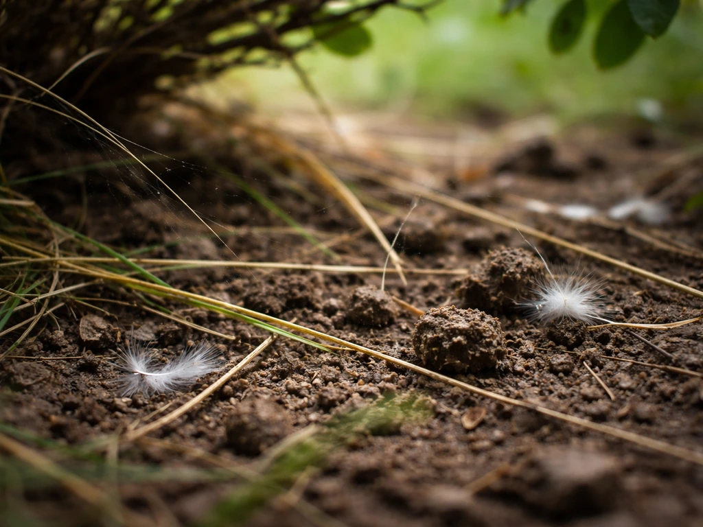 Fresh nest-building materials—grass, mud, tiny feathers, and silk-like strands—on soil beneath a shrub.