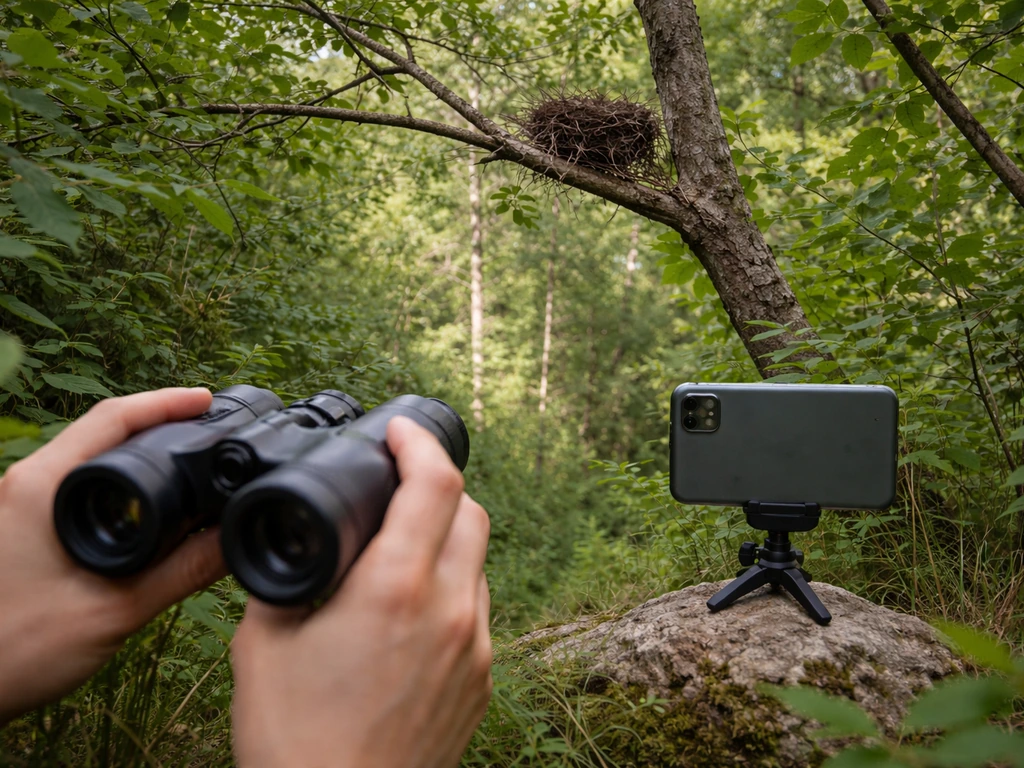 Person views a small tree nest with binoculars and a zoomed phone from a safe distance in daylight.