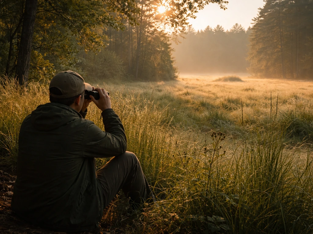 Person with binoculars sits quietly at sunrise, facing a distant nest area in a calm forest clearing.
