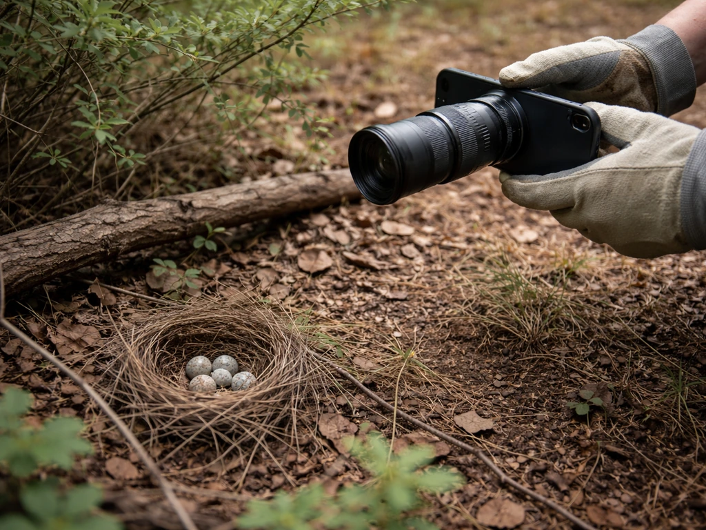 Gloved hands held away while a phone with zoom photographs a bird nest from a safe distance