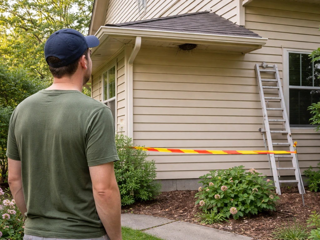 Homeowner at a safe distance examining a bird nesting spot near eaves with temporary barrier tape