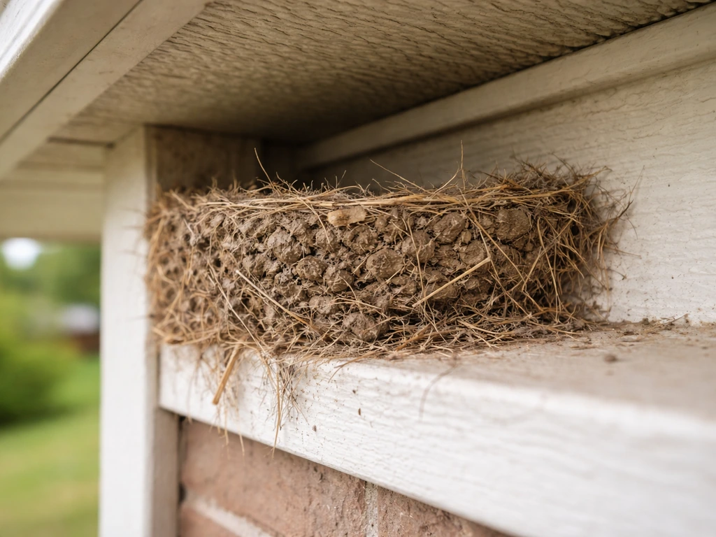 Close-up of a small bird nest on a yard eave ledge, showing mud and grass materials in sharp detail.