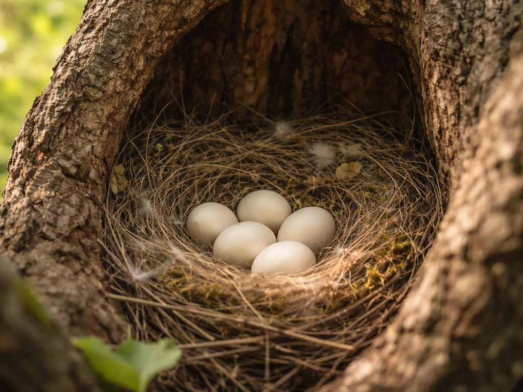 Close view of a bird nest with visible eggs in a tree hollow, safe observer distance perspective.