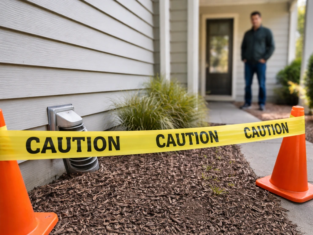 Keep-out barrier tape blocks an area by a vent as an adult observes from a safe distance.