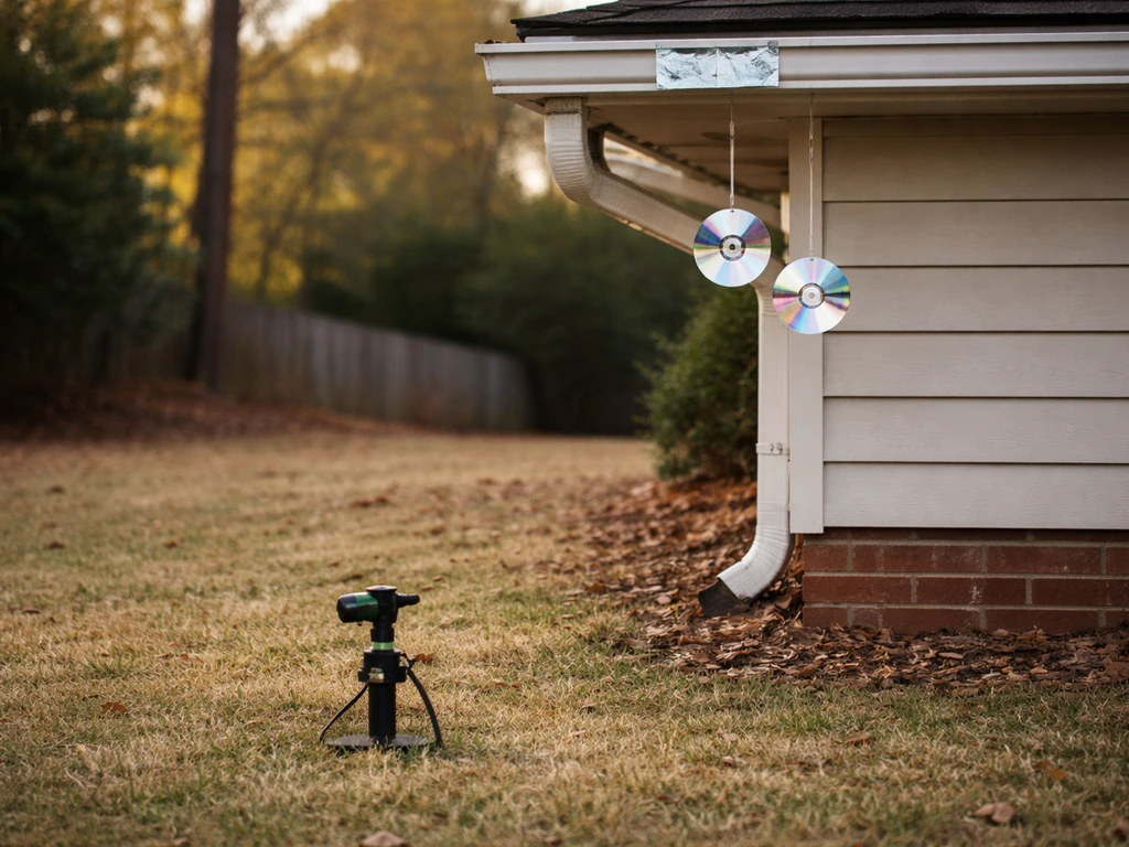 Garden eave with reflective tape and an old CD deterrent near ground, birds deterred by motion