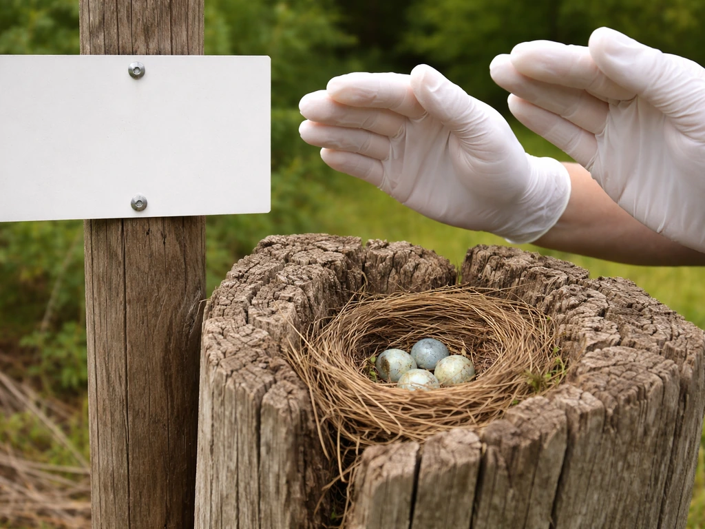 Gloved hands held back near a bird nest on a fence post with clear safety signage in view