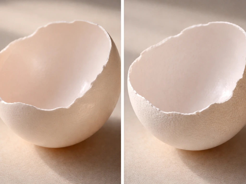 Macro close-up of two adjacent egg shell pieces showing glossy pearly vs chalky matte textures.