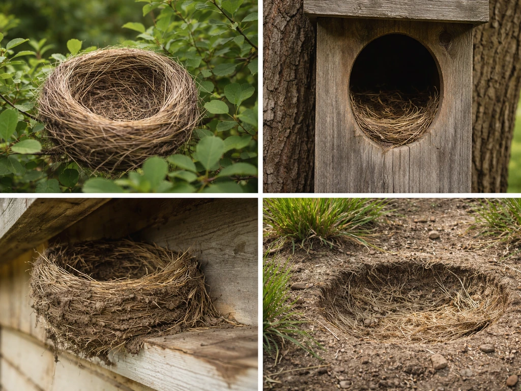 Close-up outdoors showing four nest locations: open cup in shrub, cavity, mud cup under eave, and ground scrape.