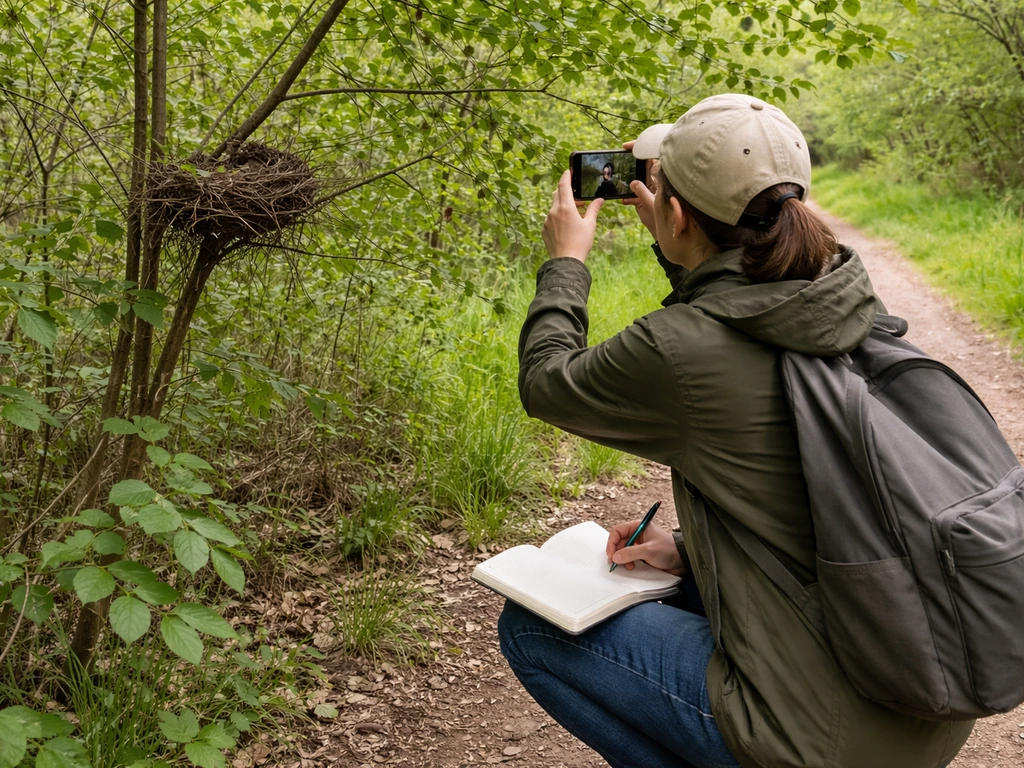 Photographer documenting a bird nest from a safe distance with phone and notebook in a quiet outdoor setting