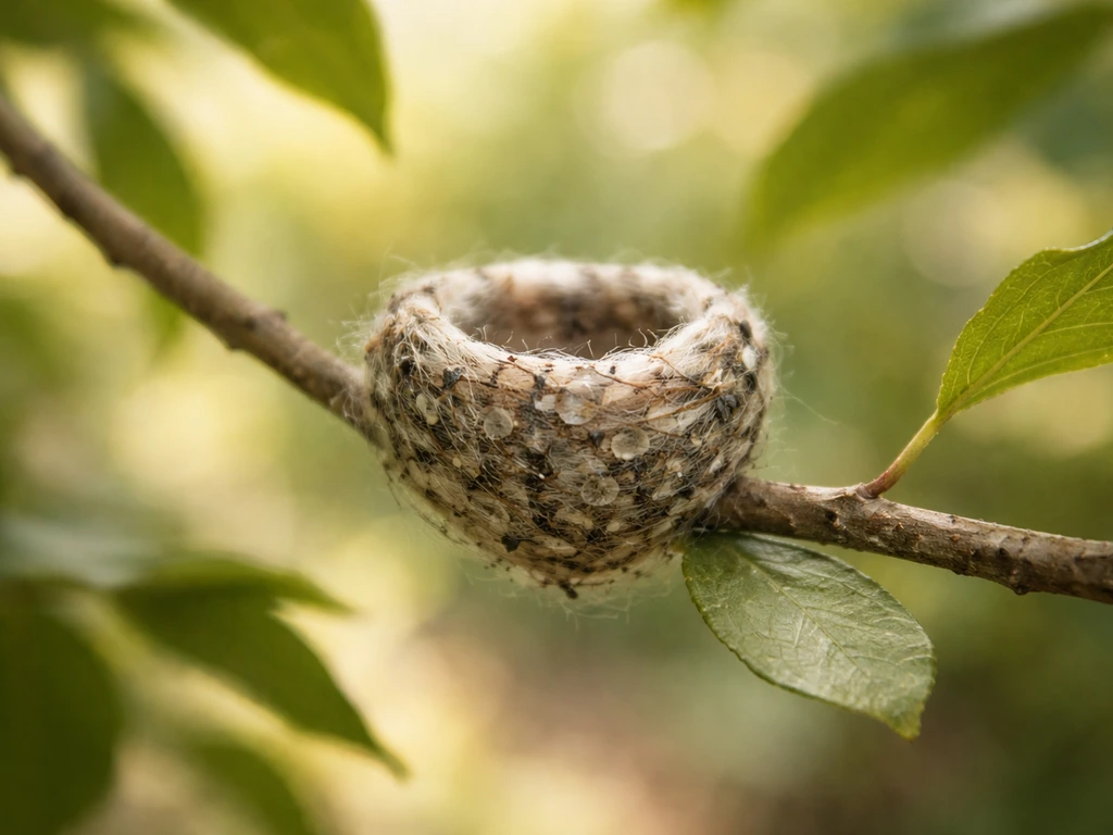 Tiny hummingbird nest camouflaged on a branch with a small leaf edge for subtle scale.
