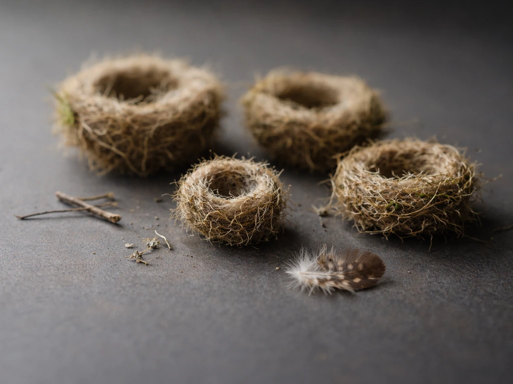Several tiny bird nests on a dark surface, with one smallest nest in sharp focus for scale.