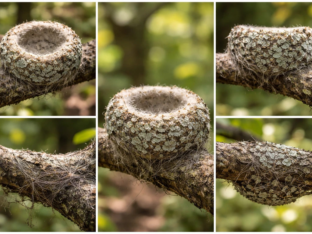 Hummingbird nest on a branch with a clear cup shape and visible attachment fibers.