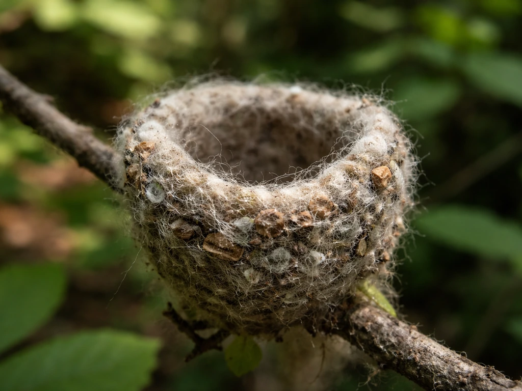 Thimble-sized hummingbird nest cup with fine down fibers and silk binding, close-up in natural light.