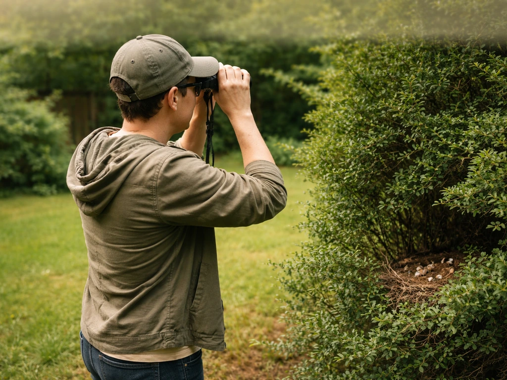 Person holds binoculars at a respectful distance while a small bird nest sits in a nearby shrub.