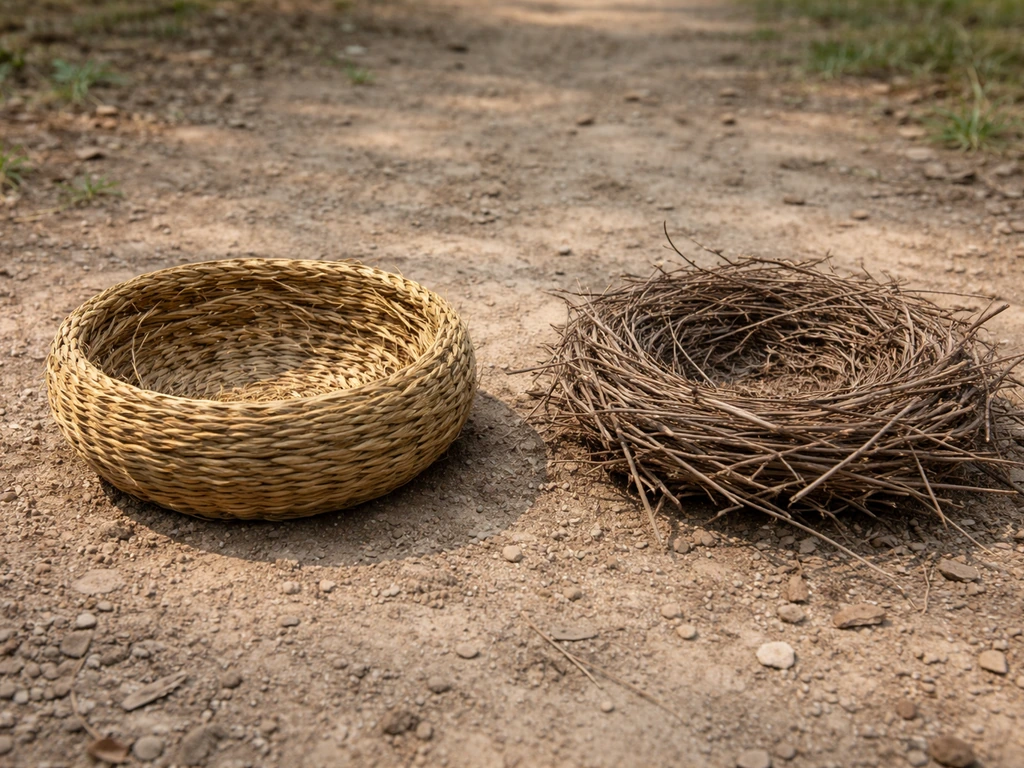 Side-by-side photo of a woven basket-weave nest next to a piled twig nest on the ground.
