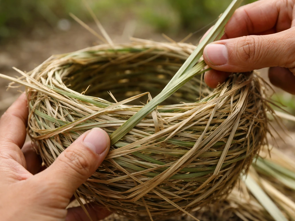 Close-up of long thin leaf strips being threaded into a woven nest wall