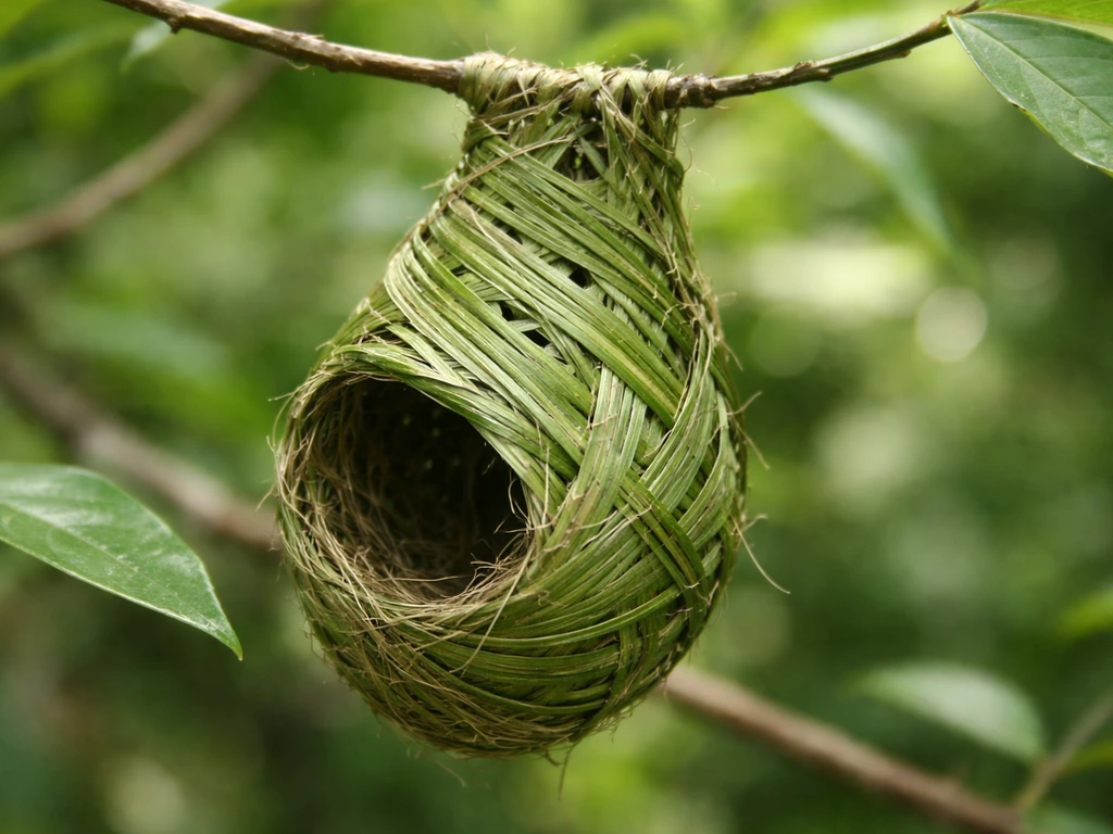 Close-up of a tailorbird nest woven from stitched leaf strips hanging from a branch