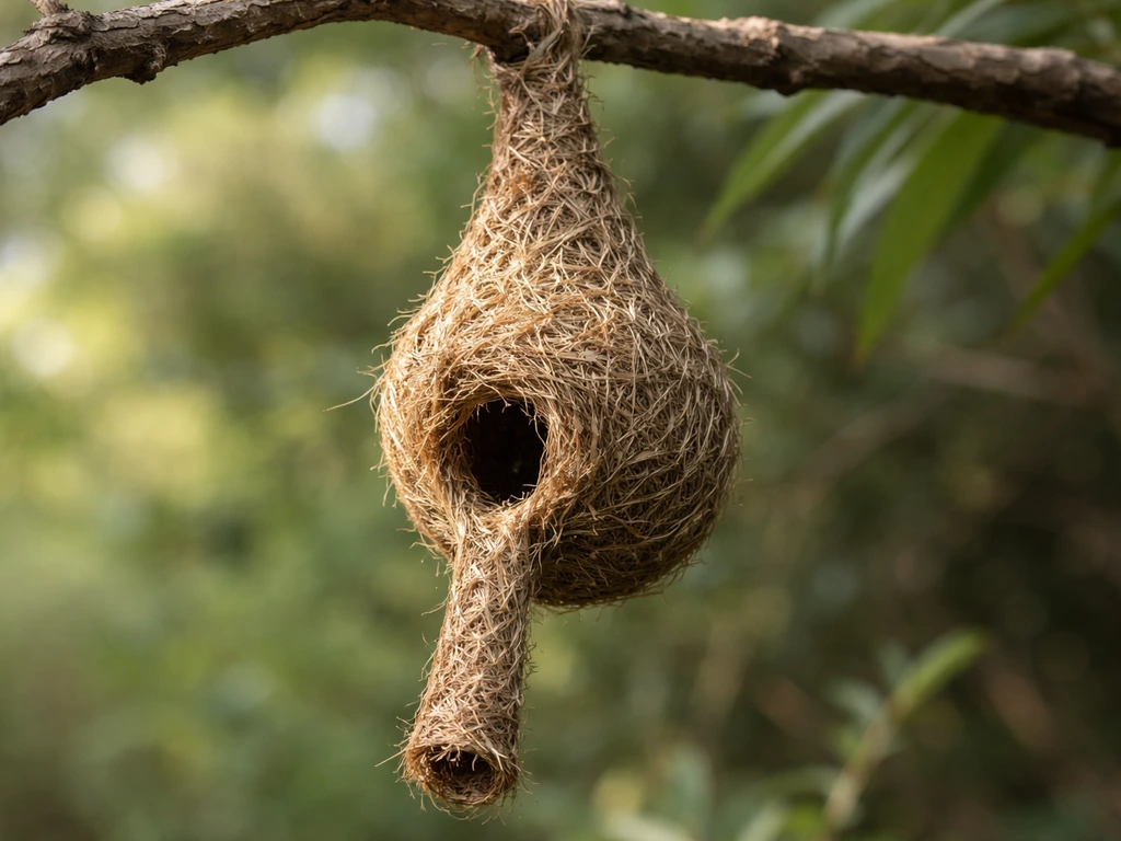 Close-up of a bottle-shaped pendant bird nest with long entrance tube hanging from a twig
