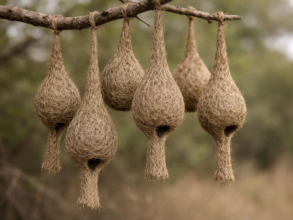 Hanging cluster of bottle-shaped weaver nests in a simple outdoor setting