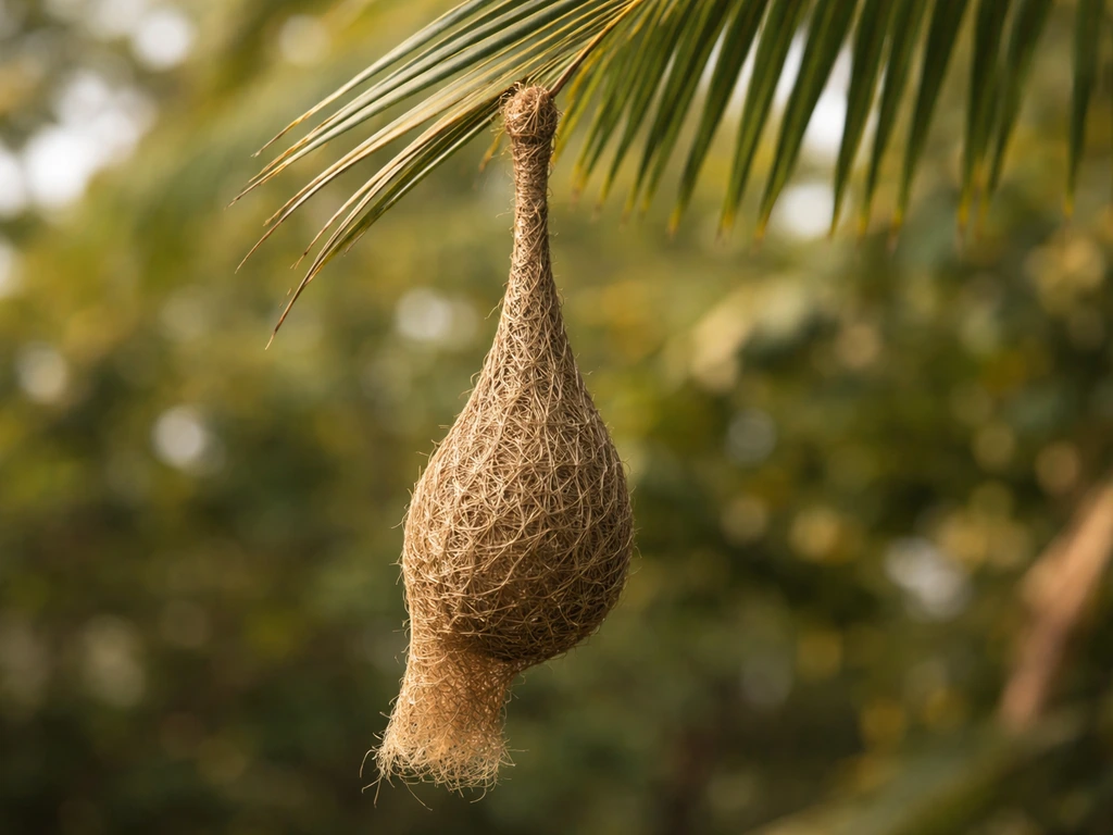 Close-up of a woven weaver nest hanging from a palm frond tip, showing how it’s suspended and swings freely.