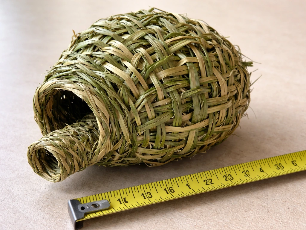 Small woven weaver nest beside a tape measure showing approximate length and height.